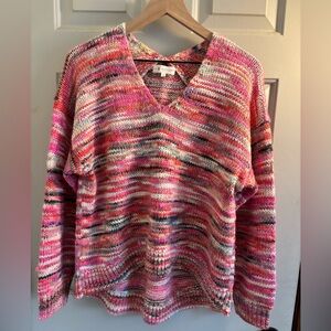 📦Bundle for $5! Lou & Grey AT Loft pink multi space dye v neck sweater sz L